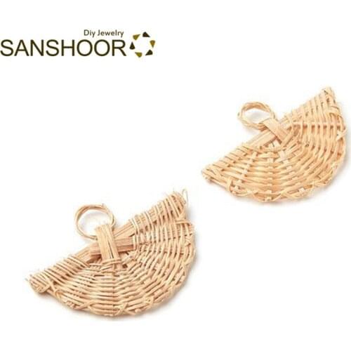 SANSHOOR Handwoven Rattan Earrings Fan Shaped Sector Straw Woven Earring Handmade Elegant Acessory Fashion Woman Jewelry 6 Pairs