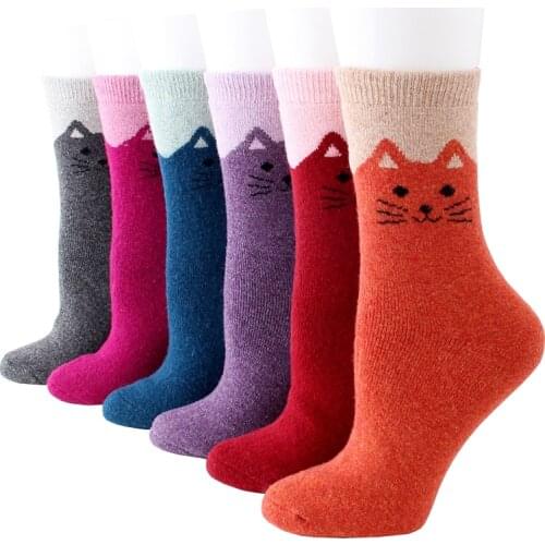 Womens Wool Socks Winter Warm Super Thick Boot Thermal Cozy Crew Ladies Work Soft Animal Cat Elk Socks for Cold Weather 6 Pairs