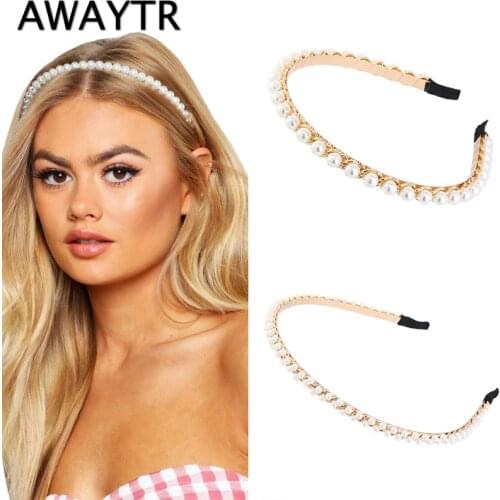 AWAYTR New Women Elegant Full Ivory White Pearl Headband Full Pearl Women Hair Band Crown Trendy Bridal Headwear Hair Accessorie