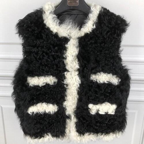 YOLOAgain Women Curly Lamb Fur Vest Real Fur Gilet For Ladies Outerwear