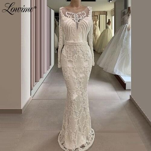 Elegant Mermaid Evening Dress Abendkleider Saudi Arabic Prom Dresses Formal Gowns Ivory Long Sleeves Vestidos De Gala Party Gown
