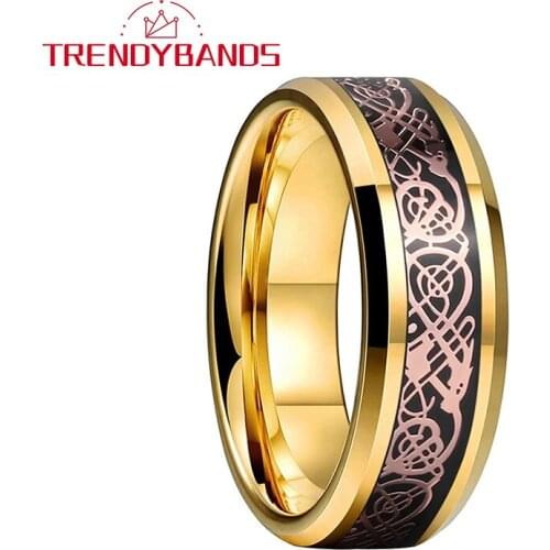 Gold Mens Womens Tungsten Rings Rose Gold Dragon Inlay Wedding Bands Beveled Edges Polished Shiny Comfort Fit