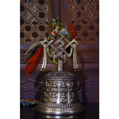 13"Nepal Buddhism Old Bronze Filigree Engraved Rattle Carved Green Tara Statue Bells Town House Exorcism Ward off evil spirits