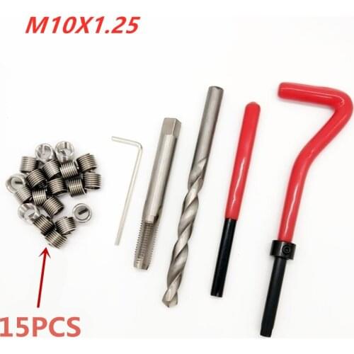 15pcs Car Pro Coil Drill Tool Metric Thread Repair Insert Kit M10X1.25MM for Helicoil Car Repair Tools Coarse Crowbar