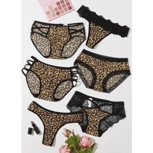6pcs/set Leopard Lingerie Panties Women 6 Style Translucent Underwear Sheer Lace Tank Lace Bandage Sexy Underpant Трусы Женские