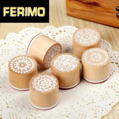 6pcs 6 Patterns Mix Round Lace Wooden Stamps Lovely Lace Doily Wood Rubber Stamps