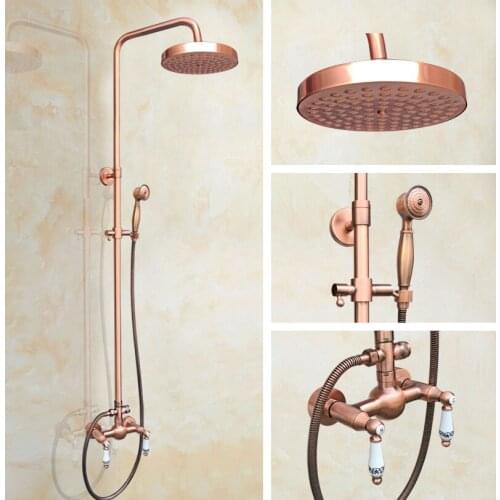 Antique Red Copper Brass Dual Ceramic Handles Bathroom 8 Inch Round Rain Shower Faucet Set Mixer Tap Hand Shower mrg552