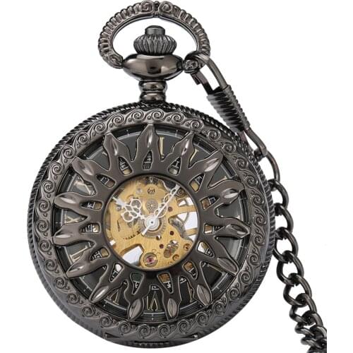 Antique Hollow Sun Roman Numerals Mechanical Watch Black Pocket Chain Pendant Hand Winding Clock Men Pocket Watches