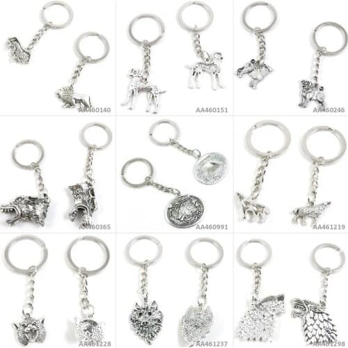 Antique Silver Tone Keychain Keyring Keytag Wolf Head Lion Mask Wolfhound Dog Tag Signs Pug English Bulldog Dalmatian Charms