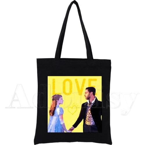 Bridgerton Women Female Foldable Canvas Shoulder Bag Canvas Tote Eco Shopping Bag Canvas Tote Bag Casual HandBag Daily Use Black