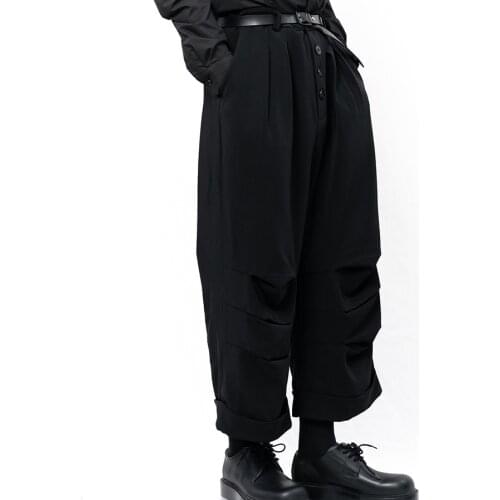 Yamamoto Style Mens casual pants wide leg pants skirt pants pleated irregular dark pants button placket pants