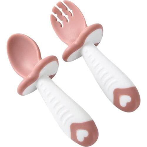 2Pcs/Set Baby Training Soft Head Spoon and Fork Short Handle Kids Spoon Fork Set BPA Free
