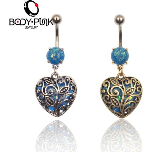 BODY PUNK BlueOpal Heart-shaped Stainless Steel Belly Button Ring Body Piercing Jewelry Fashion Summer Style