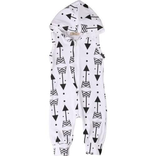 Printed Zipper Baby Boys Clothes Rompers Jumpsuit Sleeve Summer Newborn Toddler Kids Baby Hooded Rompers White 0-24M