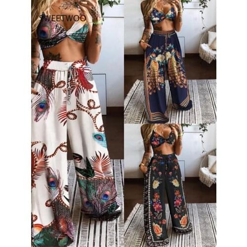 Summer Ladies Suit Korean Fashion Sexy Tube Top Printed Large Size Loose Wide Leg Pants Two-piece Set