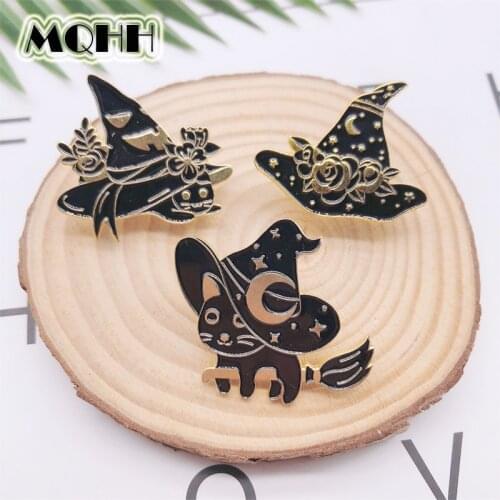 Creative Fun Black Halloween Enamel Brooch Wizard Magic Hat Animal Cat Pin Alloy Badge Clothes Bag Accessories Jewelry Gift