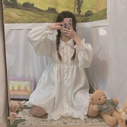 Sweet Japanese Style Soft Girl Lolita Dress Kawaii White Angel Peter Pan Collar Ruffles Dress Retro Victorian Gothic Daily Dress