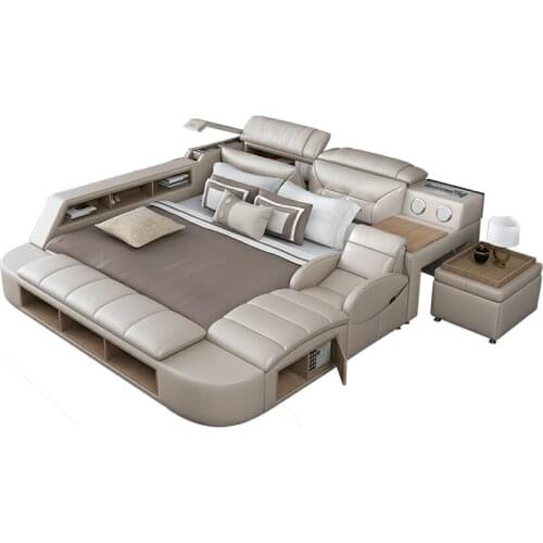 Genuine Leather multifunctional massage bed frame modern Nordic camas ultimate bed With storage LED light Bluetooth speaker safe