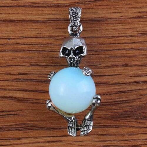 Trendy-beads Punk Style Silver Plated Opalite Opal Round Bead Skeleton Pendant For Gift