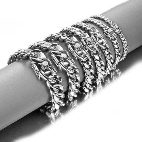 Fashion Silver Color 6/8/10/12/14/16/18mm Stainless Steel Miami Cuban Curb Chain Jewelry Mens Womens Bracelet Bangle 7-11inch