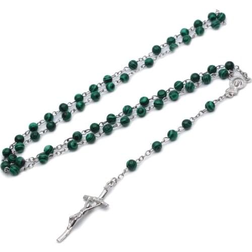 Malachite Cross Pendant Rosary Beads Chain Necklace Christian Religion Men Charm U2JC