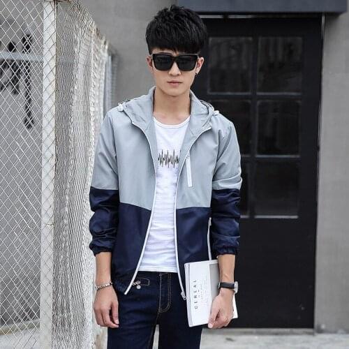 Men Jacket Long Sleeve Thin Patchwork Gray Green Orange Red Blue Clothes with Cap