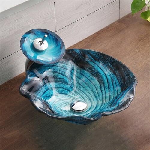 Tempered Glass Hand Painted Waterfall Spout Basin Hotel Art Washbasin Above Counter Basin Bathroom Sink Washbasin Faucet Set