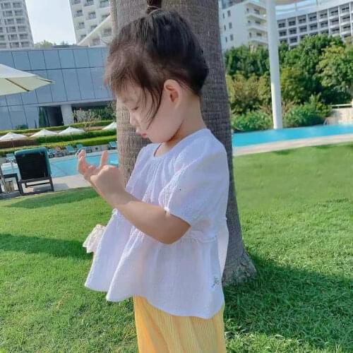 2021 summer new girls' cotton and linen casual shirts, short-sleeved baby Korean version of solid color childrens tops P4404