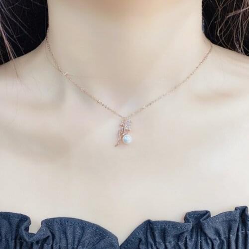 Showfay Korean Style Fashion Little Girl Necklace Female Micro Inlaid Zircon Pearl Chain Pendant Student Girlfriends Gift