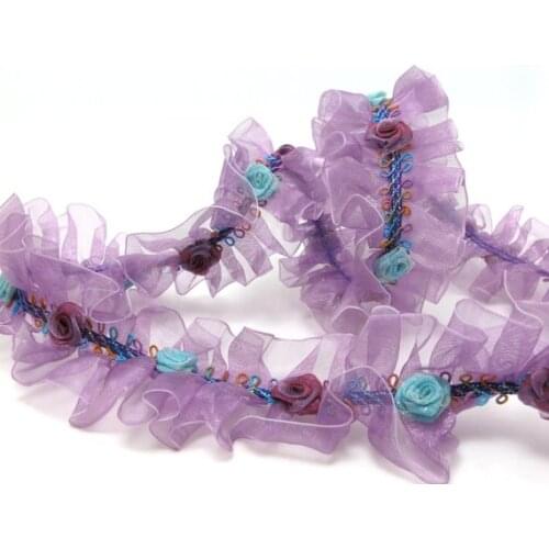 Pleated Trim|w Rococo Flower Trim|1 1/2 Inches Pleated Ombre Printed Chiffon Trim|Organza Chiffon Trim|Retro Handmade Supplies