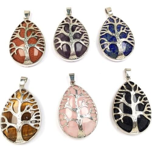 Natural Tree Shape and Water Drop Shape Semi-precious Stone Pendants for Jewelry Making DIY Fit Necklaces Size 26x40mm