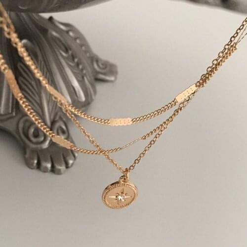 CASUAL WOMEN NECKLACE GOLD COLOR PLATING ROUND DISC WITH CLEAR STONE PENDANT LAYERED