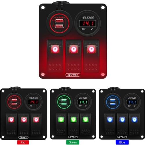 12-24V Universal Waterproof Car Switch Panel With 3 Gang Rocker Switch 4.8A Doul USB LED Digital Voltmeter For Car Boat Yacht RV