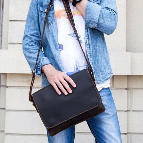 Vintage Crazy horse leather shoulder bag Brown mens thick leather messenger bag for go out or go to work Cowhide school bag