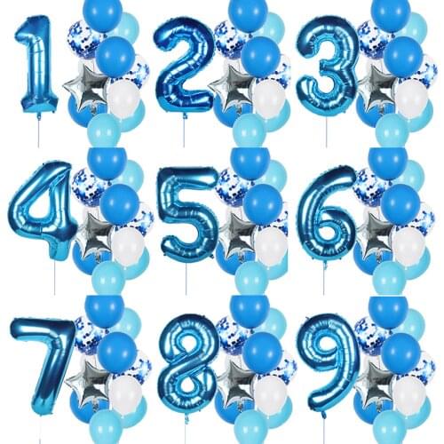 12pcs Boy Birthday Balloons Blue Latex Confetti Number Balloons Birthday Party Decoration Kids 1 2 3 4 5 6 7 8 9 10 Years Old