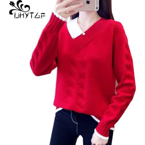 UHYTGF Knit spring autumn sweater womens Fashion pullover loose female sweater Color matching short plus size sweaters coat 949