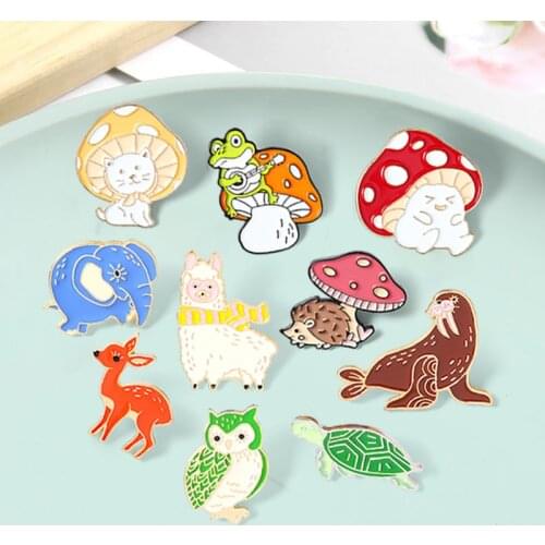 Fun Animal Zoo Enamel Pins Walrus Alpaca Deer Owl Turtle Elephant Mushroom Cat Frog Hedgehog Brooches Lapel Badge Jewelry Gift