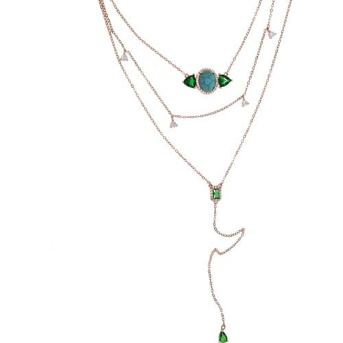 3 Layers Chain 925 Sterling Silver Necklace square geometry CZ oval blue Turquoises for women charm Jewelry Multi Layer Pendent