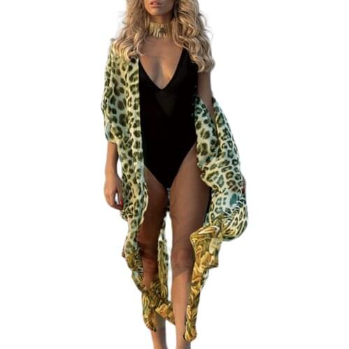 Women Casual Beach Cover-Ups with Two Pockets Feamle Leopard Printed Half Sleeves Loose Long Cover Ups Ladies Summer Swimwear
