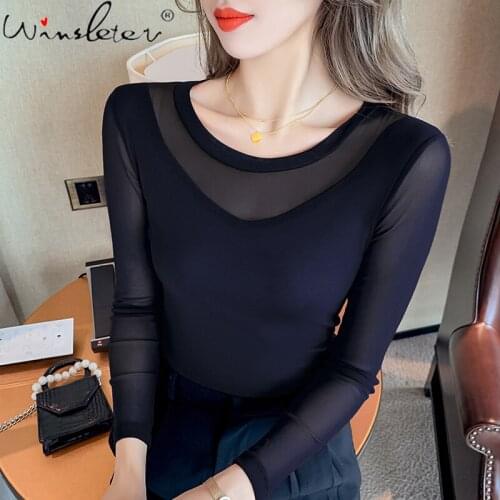 Spring Autumn 2021 T-shirt Women Mesh Patchwork Pearl Slim Waist Stretchy Casual Tops Tees Long Sleeve T18203A