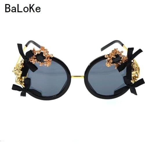 Women Baroque Black Round Sun Glasses Party Celebrity Steampunk Sunglasses Woman Peach Heart Angel Summer Beach Shades Ladies