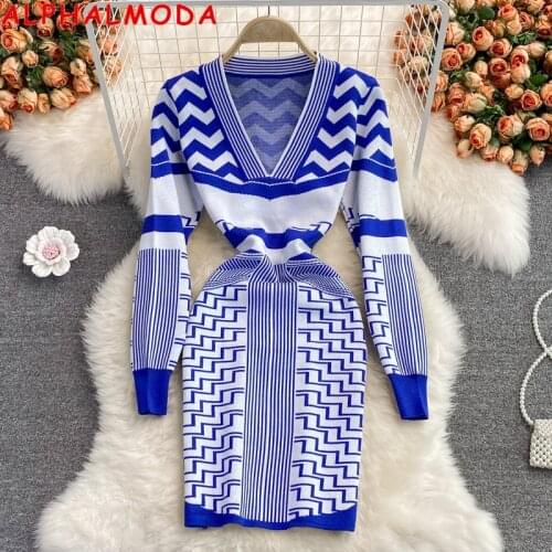 ALPHALMODA 2021 Autumn New Geometric Pattern Above Knee Women Stretchy Knitted Dress Ladies Elastic Body-con Fashion Dress