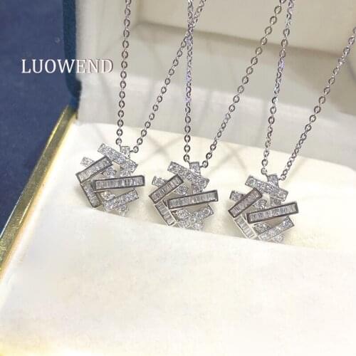 LUOWEND 18K Solid White Gold Pendant Necklace Real Natural Diamond Women Engagement Necklace Geometric Pattern Design