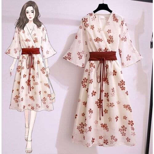 2021 Plus Size Floral Print Chiffon Dress Women summer Harajuku Sweet Butterfly Sleeve V Neck Belt Sundress casual Girl dress