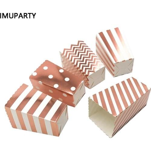 12pcs Metallic Rose Gold Popcorn Box Striped Dot Wedding Decorations Birthday Party Candy Box Dessert Containers for Treats
