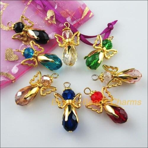 8 New Charms Dancing Mixed Crystal Angel Pendants Gold Color Wings 18x34mm