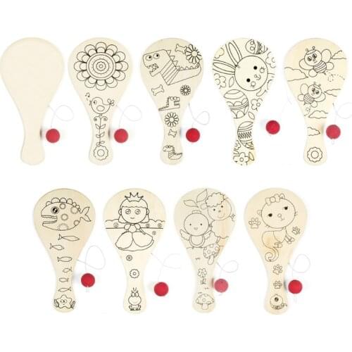 9pcs/set Hand-painted Wooden Racket with Ball DIY Craft Cartoon Painting Graffiti Toy Kindergarten Kids Gift