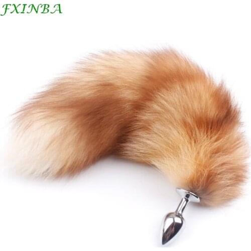 FXINBA Real Golden Fox Tail Anal Plug Smooth Metal Butt Plug Sex Anal Tail Erotic BDSM Sex Toys for Woman Couples Adult Games