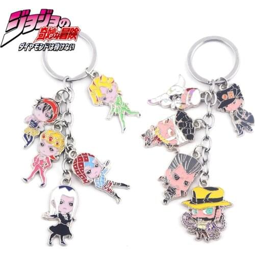Anime JOJOS Bizarre Adventure Figure Keychain Cartoon Kujo Jotaro Kira Yoshikage Metal Keyring For Men Women Cosplay Jewelry