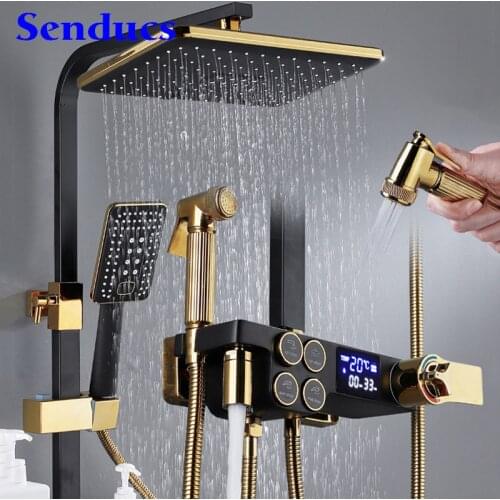 Digital Shower Set Wall Mounted Thermostatic Bathroom Shower System Rainfall Shower Head Black Gold Digital Shower Mixer Sets
